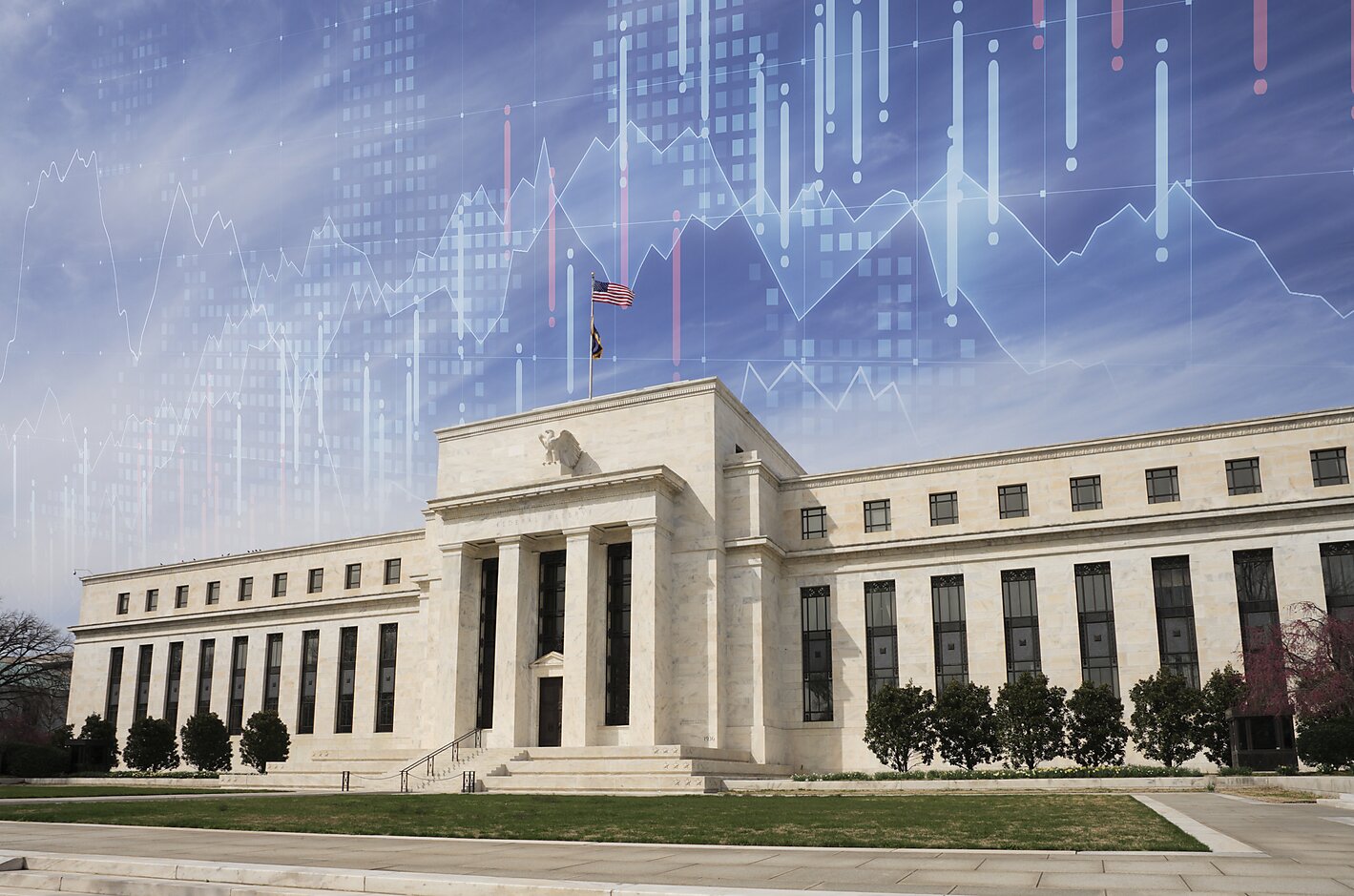 Federal reserve building with graph lines above it