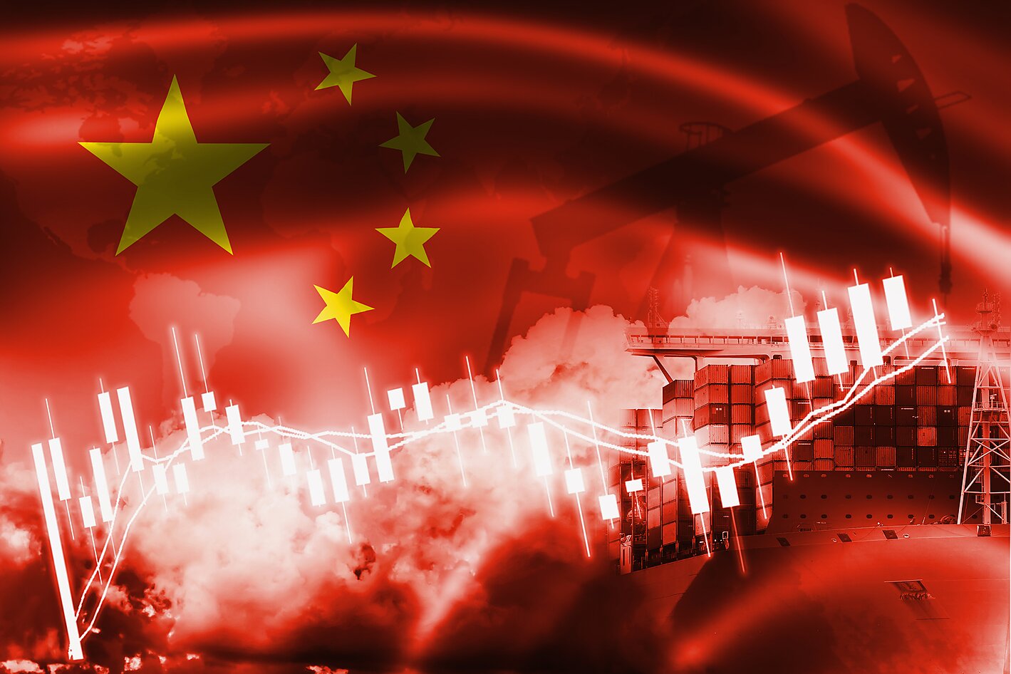 Map of China with stock market and trade images overlaid
