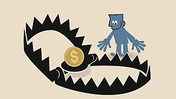 A man eagerly looks at money in a bear trap