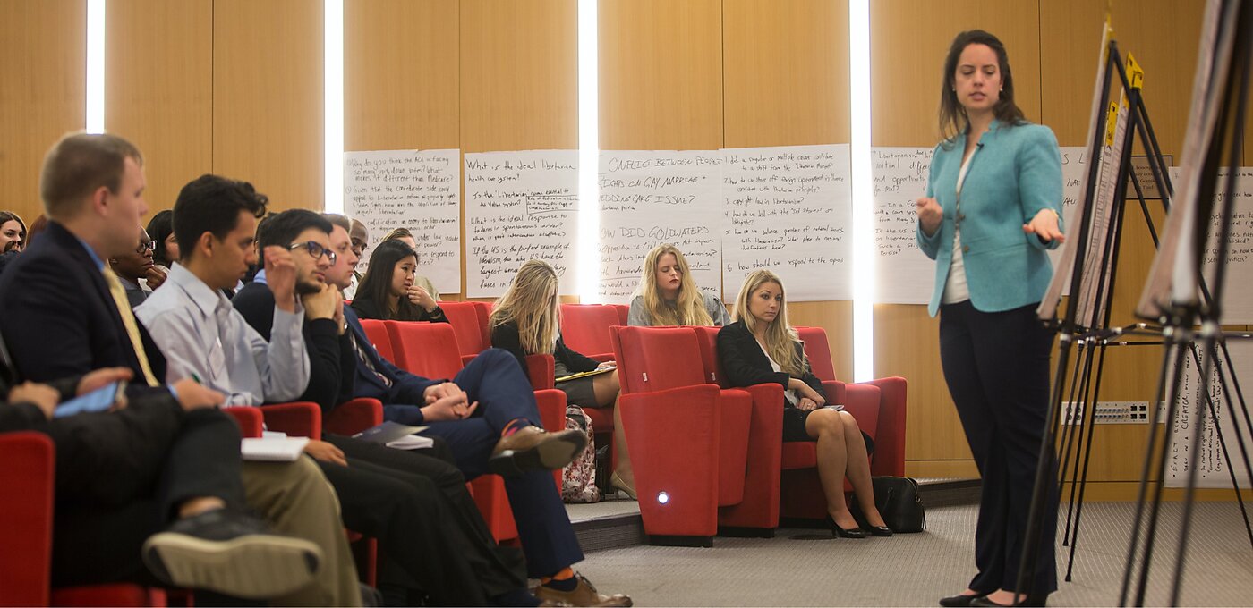 Interns listen to a lecture in Cato Headquarter's auditorium
