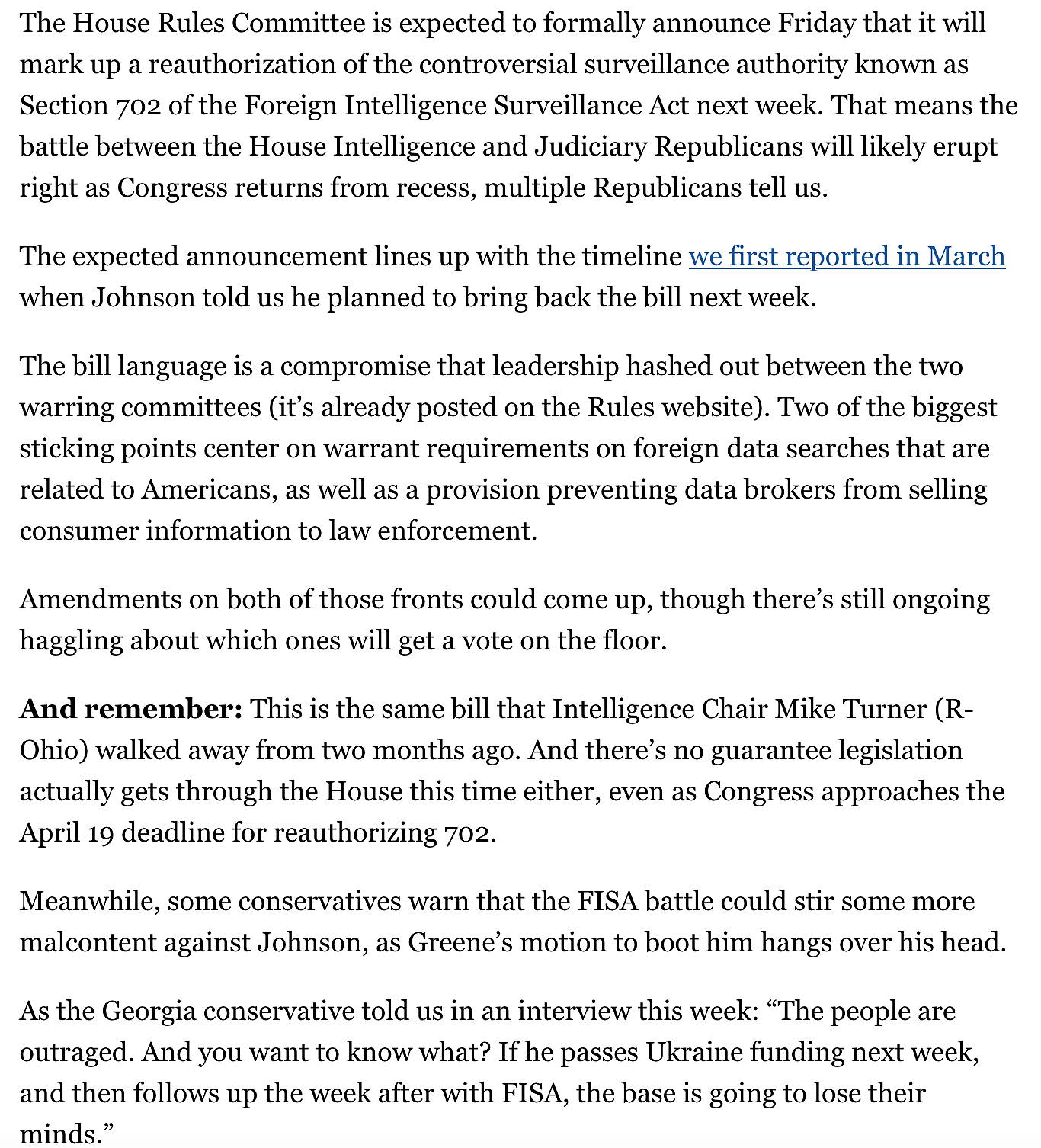 POLITICO on FISA reauth fight April 4 2024